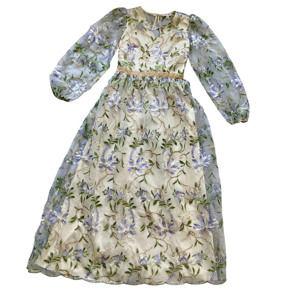 NWT Just Me Floral Embroidered Sheer Mesh Maxi Dress Small S Keyhole Cottagecore - Picture 8 of 16